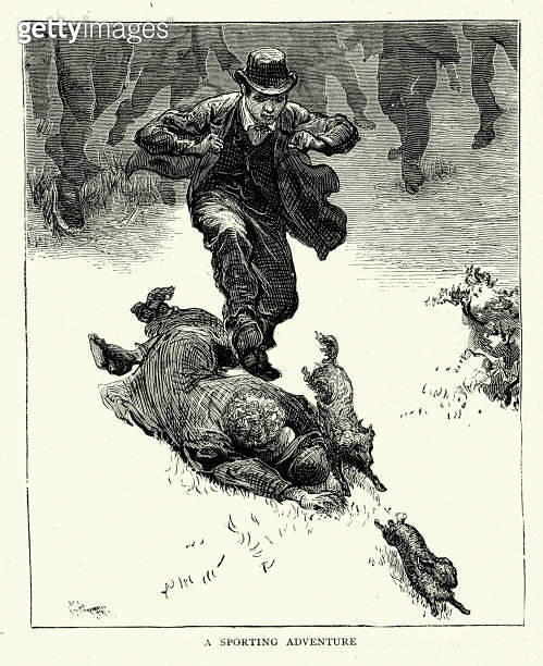 Two men and their dog chasing a rabbit, a sporting adventure, 1870s ...
