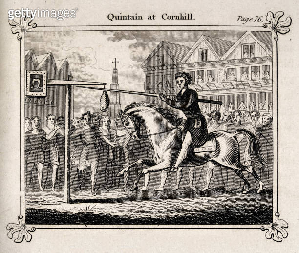 Medieval man on horse back jousting at the Quintain at Cornhill 이미지