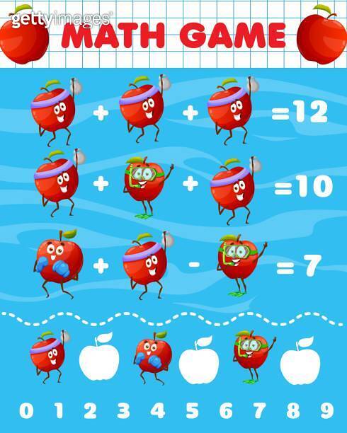 Point Red Math Games Cheerful cartoon red apple characters, math game 이미지 (1509155445) - 게티이미지뱅크