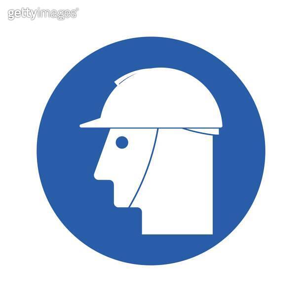 Isolated blue instruction round sign of use safety helmet, helm is