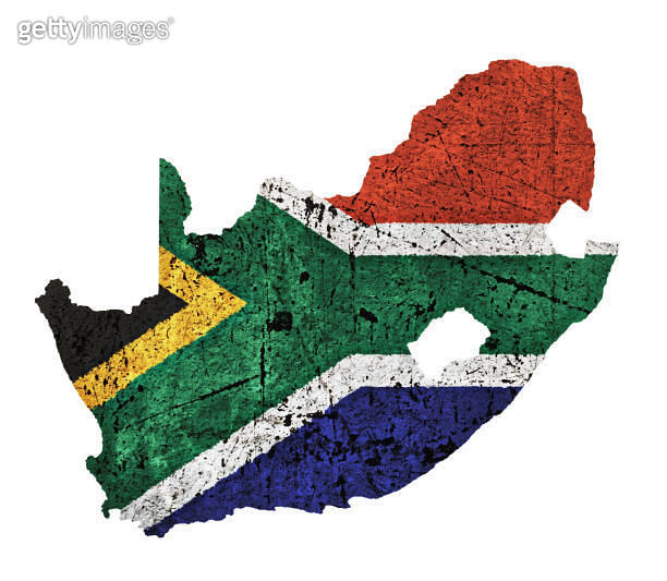 Scratched, textured map of South Africa with the national flag overlaid