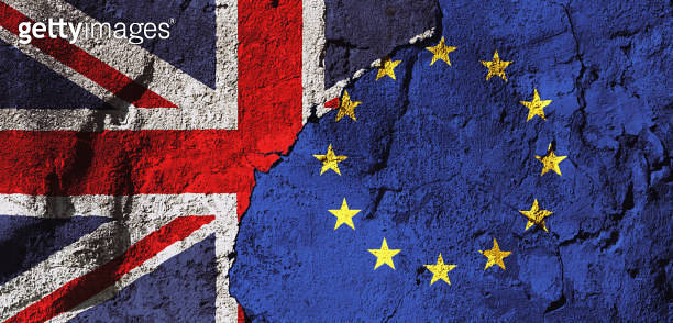 British and European Union flags interlocking on a rough, textured ...