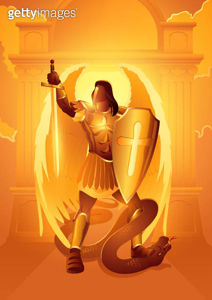 Michael the archangel with sword and shield standing over a serpent ...