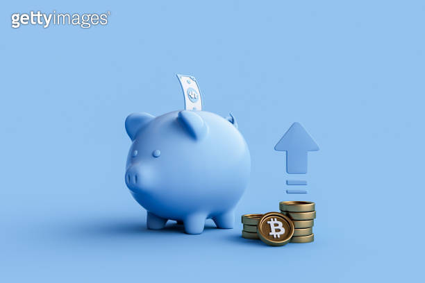 3D rendering Blue piggy bank and coin stacks on blue background. 이미지 ...