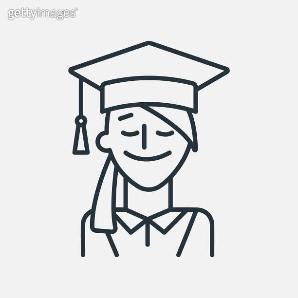 Graduating student girl with cap line icon. Happy and cheerful woman ...