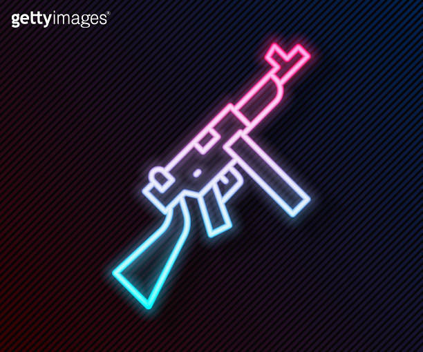 Glowing neon line Thompson tommy submachine gun icon isolated on black ...