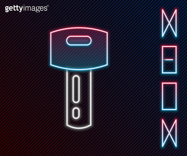 Glowing neon line Car key with remote icon isolated on black background ...