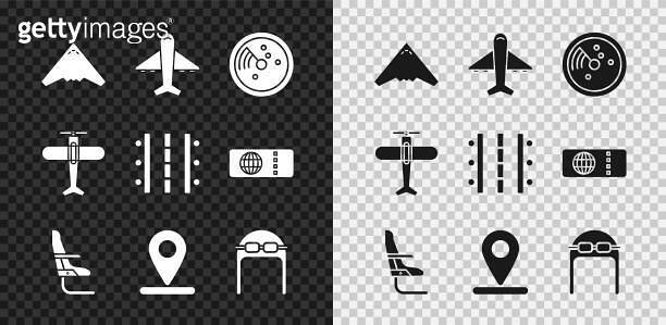 Set Jet fighter, Plane, Radar with targets on monitor, Airplane seat ...