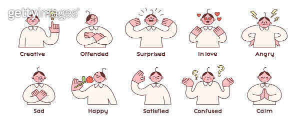 Set of cute characters expressing various emotions with gestures and ...