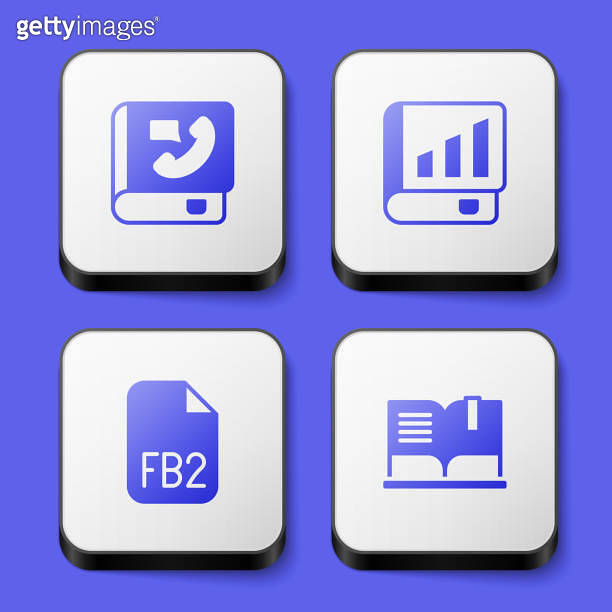 Set Phone book, Financial, FB2 File and Open icon. White square button ...