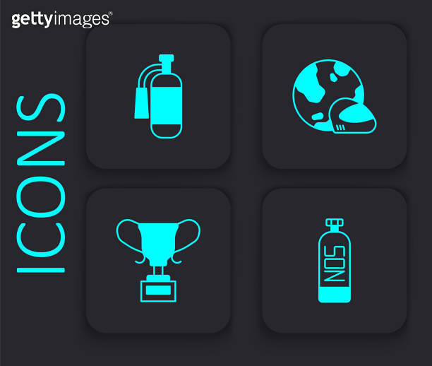 Set Nitrous oxide, Fire extinguisher, Racing helmet and Award cup icon