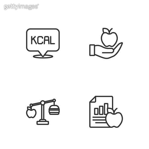 Set line Diet plan, Calorie calculator, Kcal and Apple icon. Vector 이미지