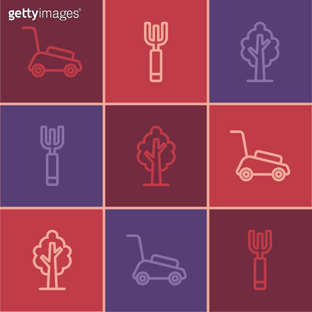 Set line Lawn mower, Tree and Garden pitchfork icon. Vector 이미지 ...
