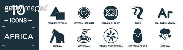 filled africa icon set. contain flat sudanese pound, central african ...