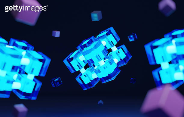 Interconnected digital block technology on blue background 이미지 ...