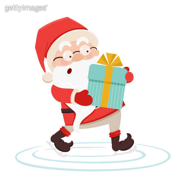 Cute Santa Claus during figure ice skating with gift box. Snow and ice