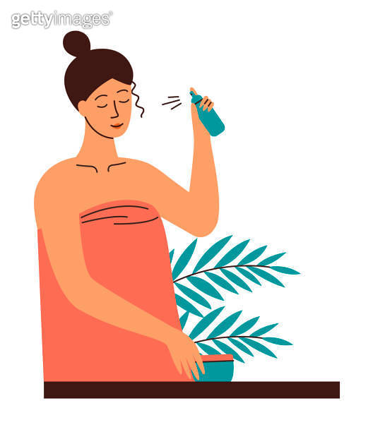 Woman applying moisturizing spray on face skin. Eco natural facial