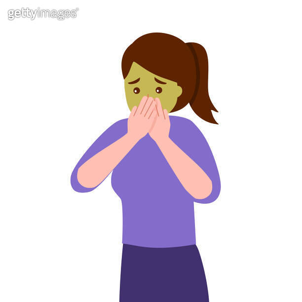 Unwell sick woman feel unhealthy vomit throw up. Ill girl cover mouth