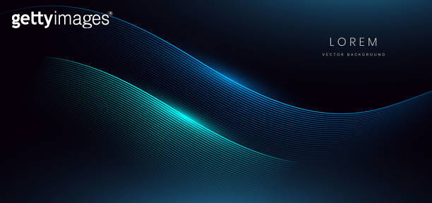 Abstract futuristic curved glowing blue light lines on black background ...