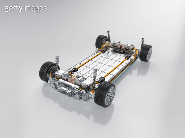 Electric car battery with pack of battery cells module on platform 이미지 ...