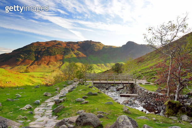 Scenic view of Great Langdale valley in the Lake District, famous for ...