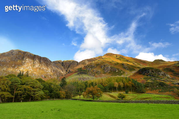 Scenic landscape of the Lake District, famous for its glacial ribbon ...