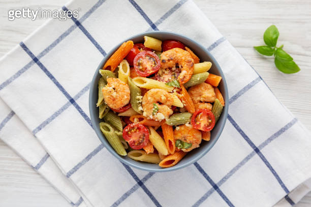Homemade Tri-Color Penne Salad with Shrimp, Tomato and Basil Bread ...