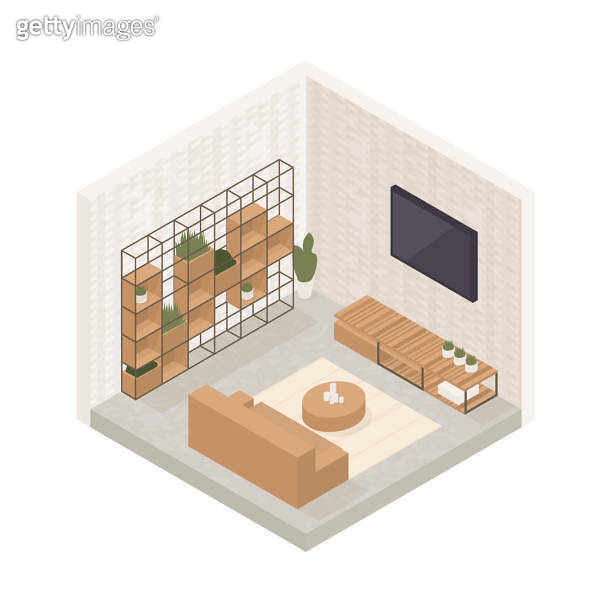 Vector isometric low poly cozy living room with various furniture ...