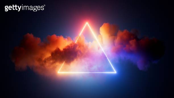 3d render, abstract geometric background of neon linear triangle inside ...