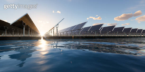 Electric Rendering Float 3d rendering of floating solar, floatovoltaics or solar farm on water ...