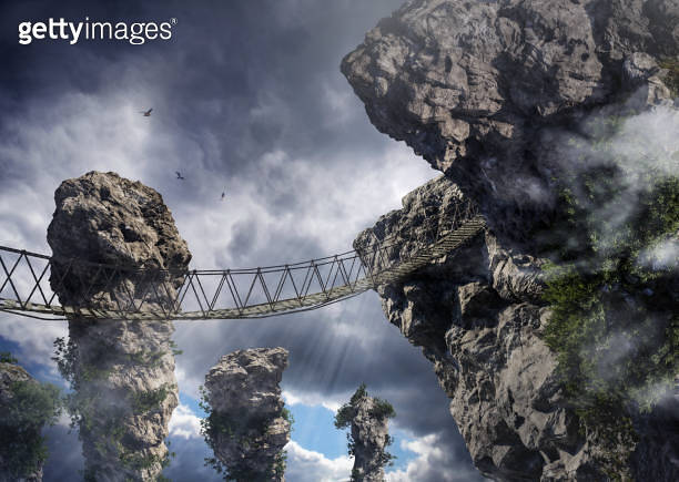 Spectacular Rope Bridge Spectacular rope bridge crossing a canyon, 3D illustration (1459146490 ...