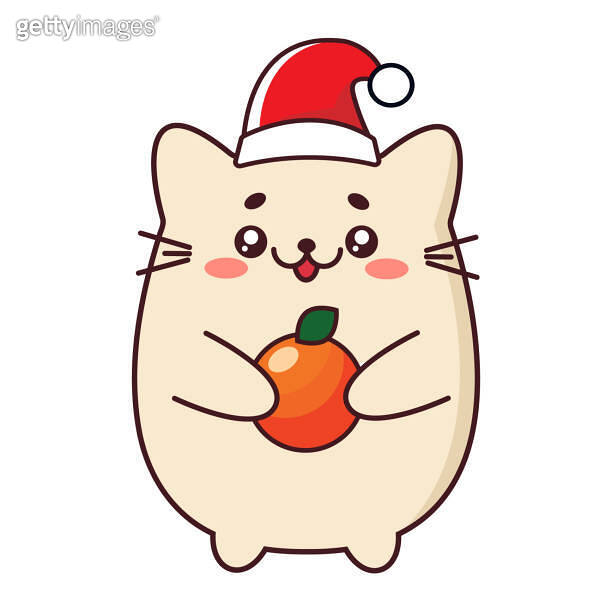 Cute kawaii cat in Santa hat with tangerine. Christmas cat. Vector