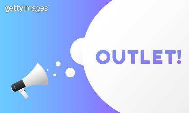 Outlet sign. Flat, purple, horn text, outlet sign, horn icon, outlet ...