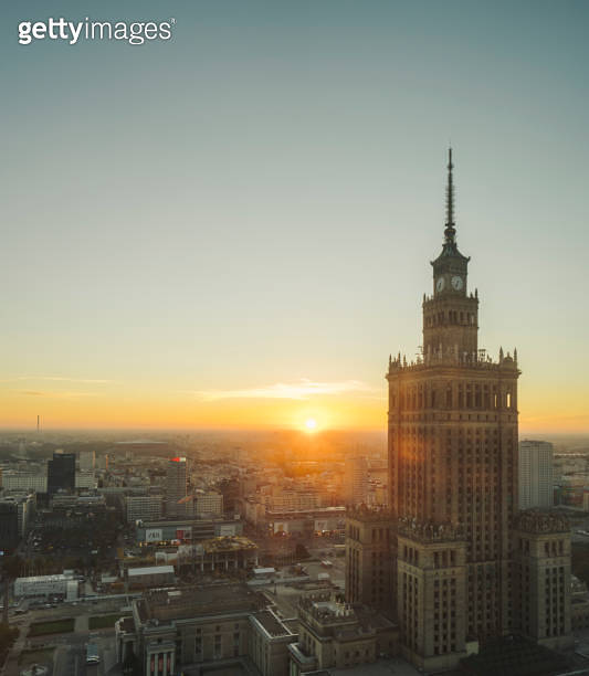 Aerial view of Warsaw city in Poland during sunrise 이미지 (1450262612