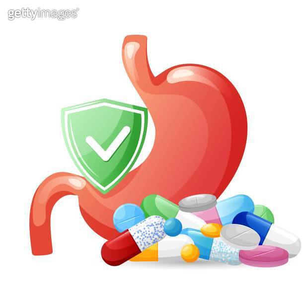 Human stomach with medicine capsules, tablets and pills with guard 이미지