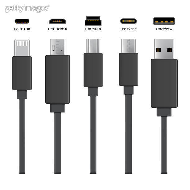 Usb cable connectors. Realistic vector set of phone jacks for cabling