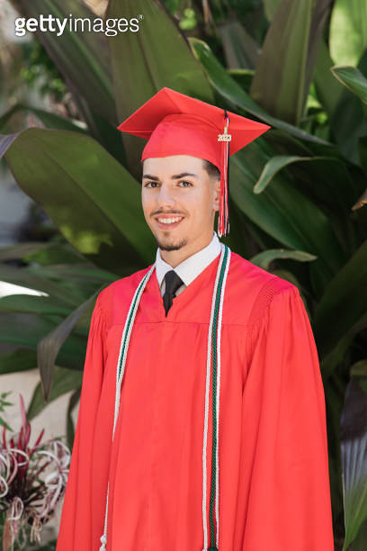 Cuban Graduation 2023 High-School Senior Young Man in a Red Graduation Cap & Gown With ...