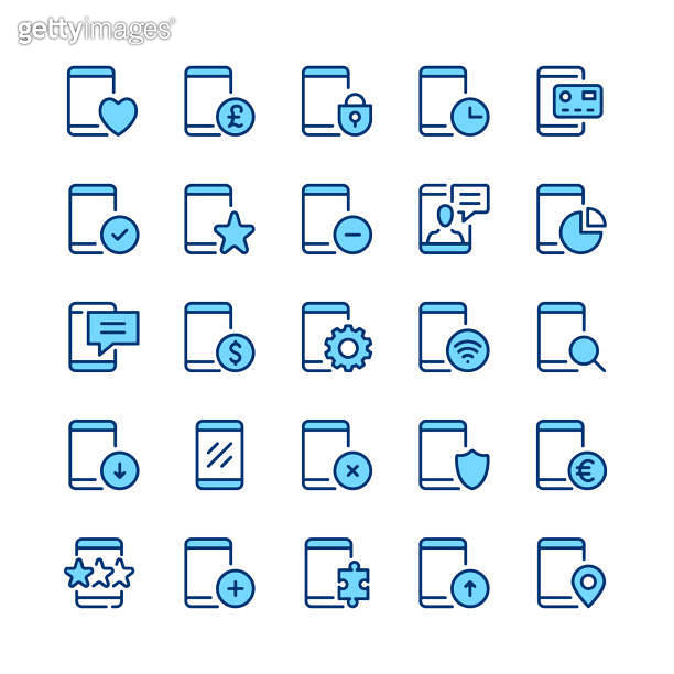 Mobile phone line icons. Blue color. Outline stroke symbols. Vector