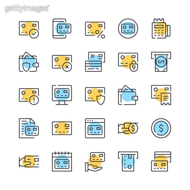 Credit card line icons. Set of credit card icons. Black, blue and ...