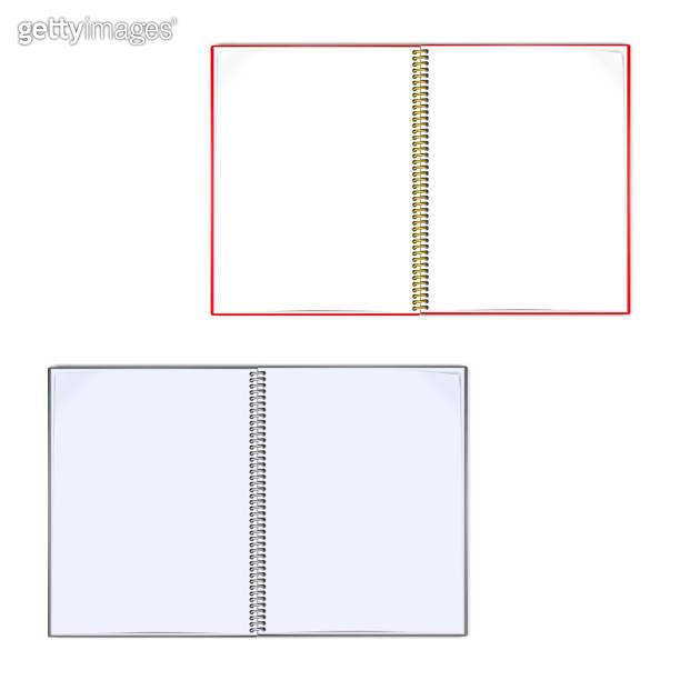Open wire bound notebook vector mockup. Metal spiral notepad blank