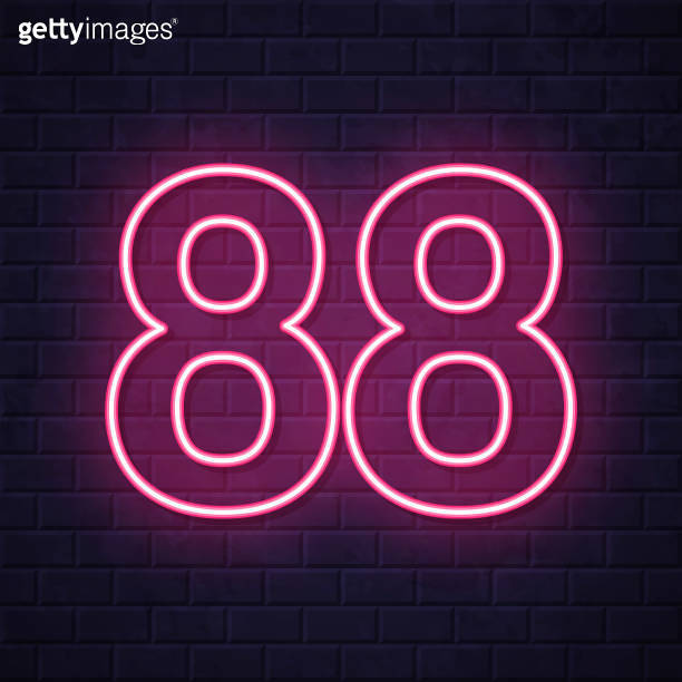 88 - Number Eighty-eight. Glowing neon icon on brick wall background ...