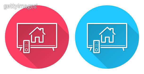 TV with smart home. Round icon with long shadow on red or blue ...