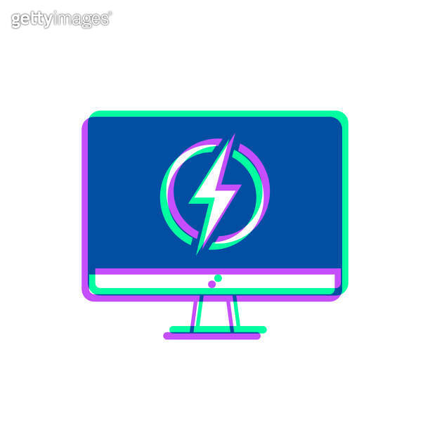 Desktop computer with electricity symbol. Icon with two color overlay on white background 이미지