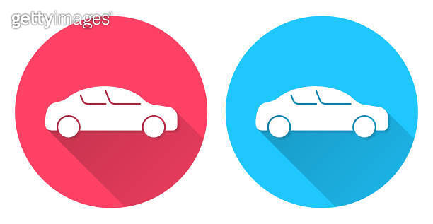 Car - side view. Round icon with long shadow on red or blue background ...