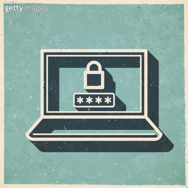 Laptop with password. Icon in retro vintage style - Old textured paper ...