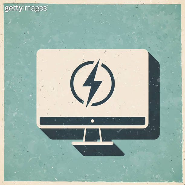 Desktop computer with electricity symbol. Icon in retro vintage style Old textured paper 이미지