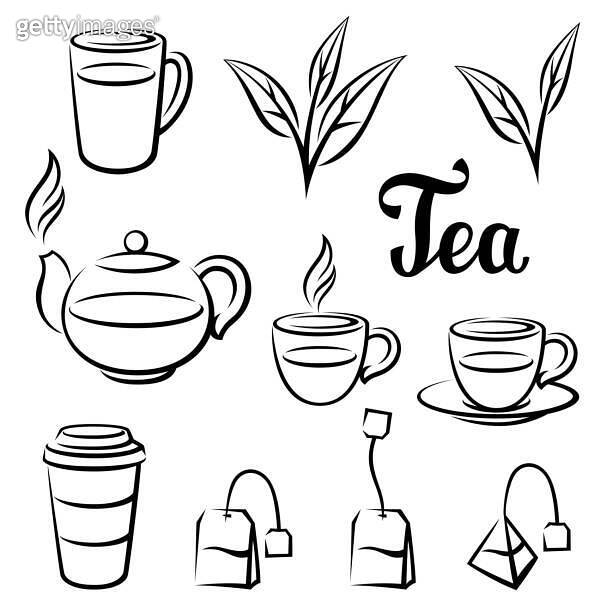 Black or green tea items set. Illustration with tea and accessories