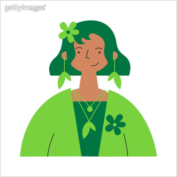 Woman with darker skin color, green flowers and leaves. Vegan plant