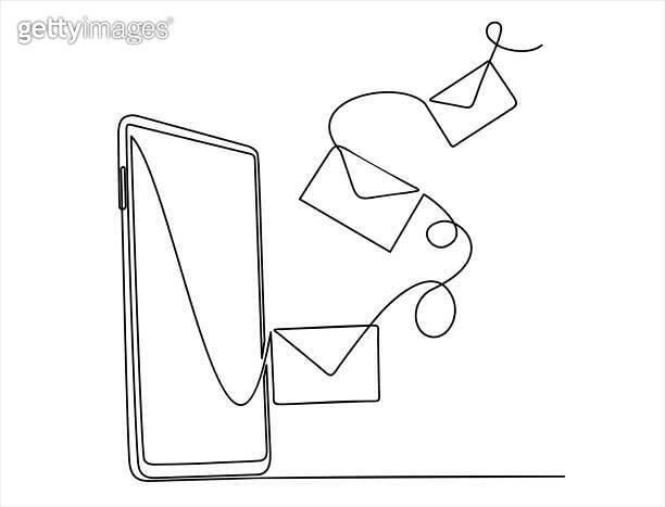 Continuous one line drawing of smartphone sending instant message with ...