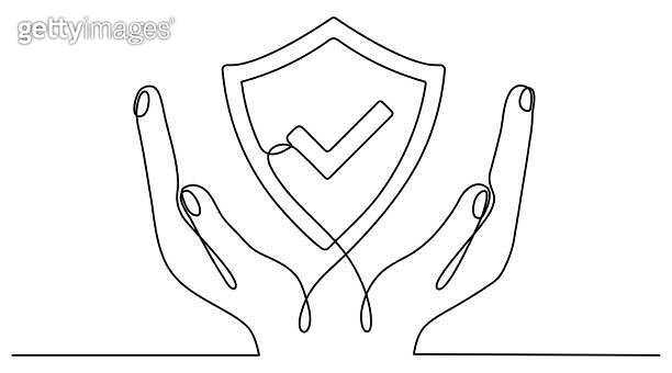 Hand Shield Method Hands holding shield badge continuous line drawing. 이미지 (1474576109 ...